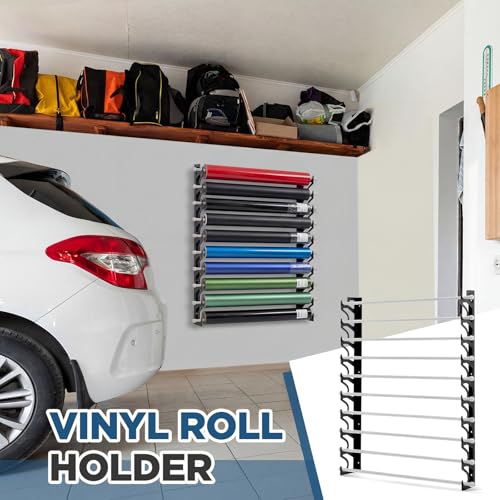 Image of 10 Roll Vinyl Roll Holder Adjustable Metal Vinyl Rack Wall Mount for Car Wrap Material Transfer Paper Tape Wallpaper Window Film Garage Workshop, Bracket Only