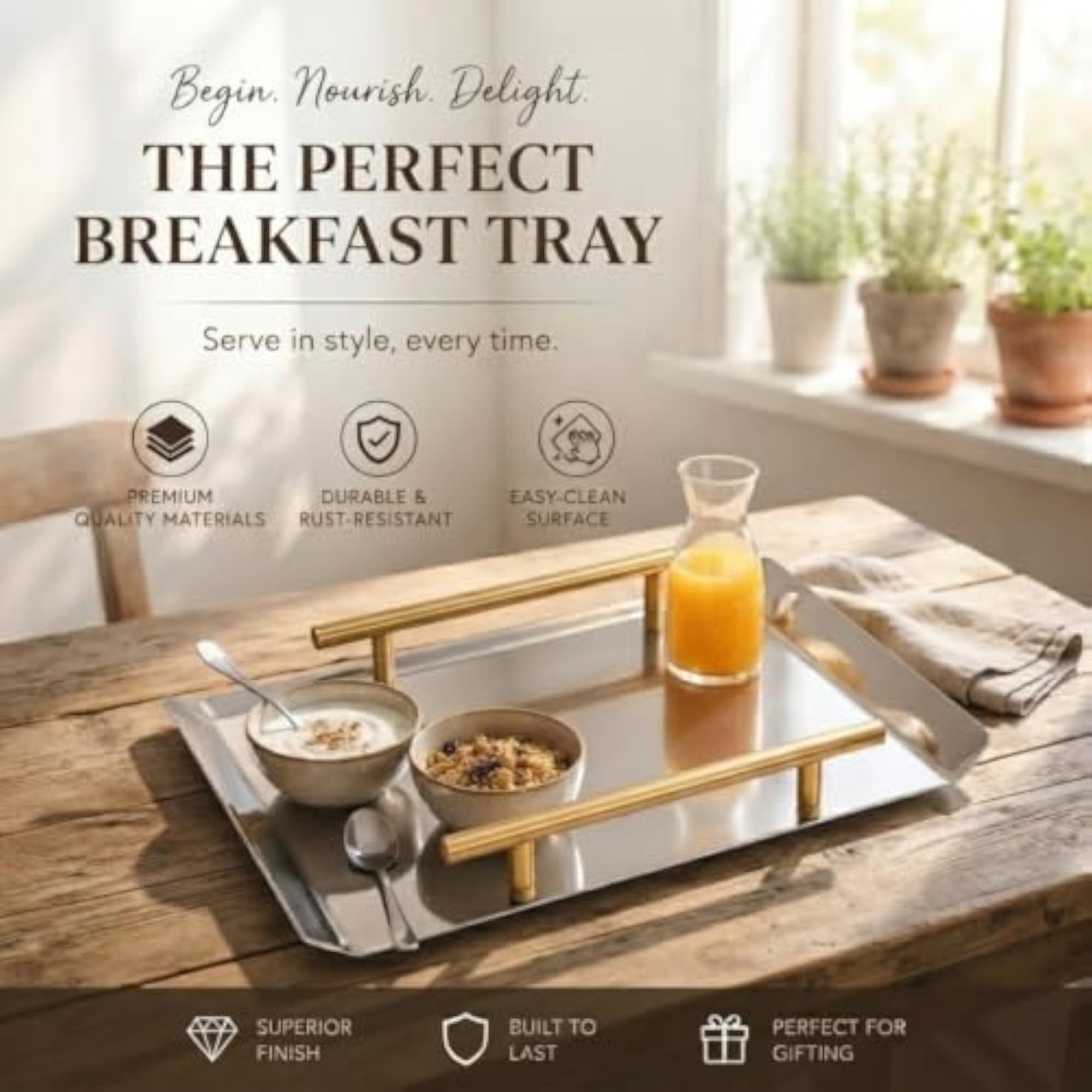 Modern Rectangle Decorative Serving Tray with Golden Handles