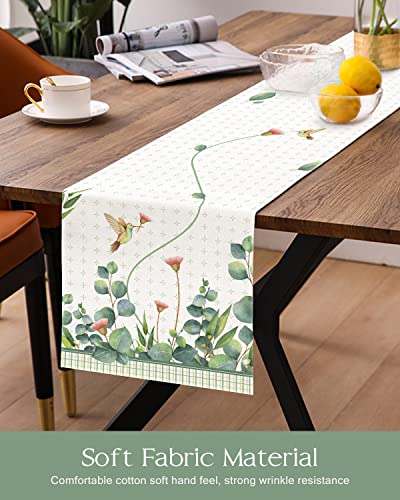 Spring Summer Style Table Runner, Green Plants Hummingbirds Table Runners, Party Decor Greenery Bird Table Runners 72 Inches Long For Farmhouse Holiday Kitchen Dining Table Decoration (13X72 In) #TOP2