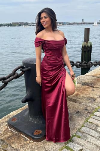 Women's Off Shoulder Mermaid Prom Dresses with Slit Long Satin Corset Formal Party Gowns Bridesmaid Dresses4