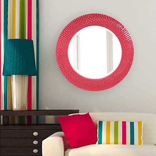 Image of Howard Elliott Collection Bergman Round Wall Mirror, Textured Ribbed Frame, Decorative Accent Mirror for Entryway, Bathroom or Bedroom, Ready to Hang, 32H x 32W x 1D, Glossy Hot Pink