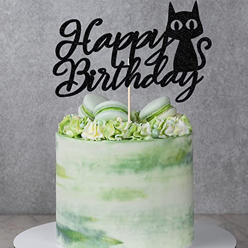 Black Glitter Cat Happy Birthday Cake Topper Pet Themed Kitty Happy Birthday Party Cake Ornament #TOP3