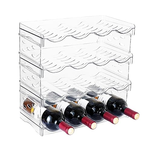 IEEK Plastic Stackable Bottle Storage Holder Rack Holds 16 Bottles,Free-Standing Water Bottle/Wine and Drink Organizer Shelf for Kitchen Cabinet,Fridge,Countertop,Pantry,Freezer,4 PackX4 Bottles,Clear