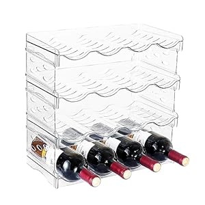 IEEK Plastic Stackable Bottle Storage Holder Rack Holds 16 Bottles,Free-Standing Water Bottle/Wine and Drink Organizer Shelf for Kitchen Cabinet,Fridge,Countertop,Pantry,Freezer,4 PackX4 Bottles,Clear