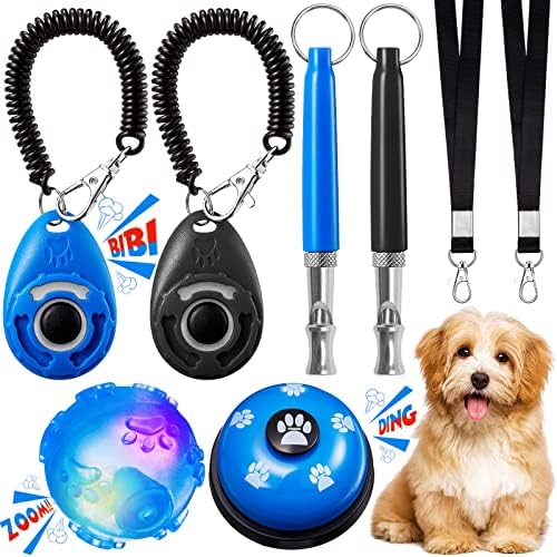 Weewooday 8 Pieces Dog Training Set Include Adjustable Sound Dog Training Whistle with Lanyard Training Clicker Dog Training Bell and Dog Squeak Lighting Ball for Dog Recall Behavioral Silent Training
