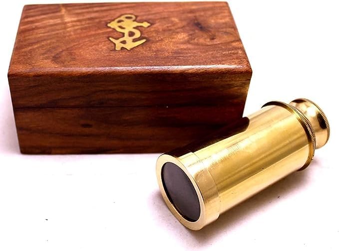 Captains 6" Brass Handheld Mini Telescope with Wooden Box Nautical Collectibles by TSSI Handicraft