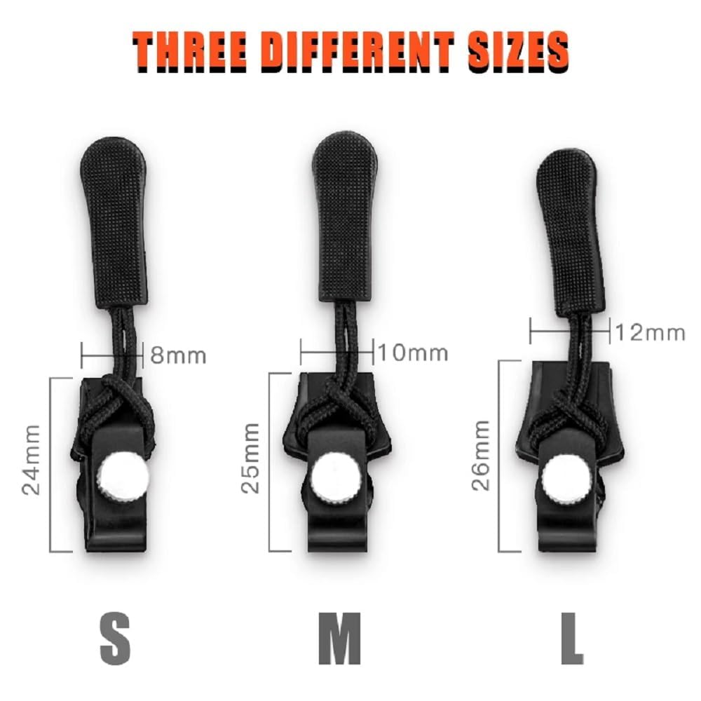 YEIPIS Zipper Repair Kit, Instant Zipper Sliders with Nylon Pull Tabs Cords, Replacement Metal Zipper Pull for Sliding Teeth, Universal Screw Fix Removable Zippers for Bags, Garments 3 Different Size (Small, Medium, Large) (3Pcs) 2