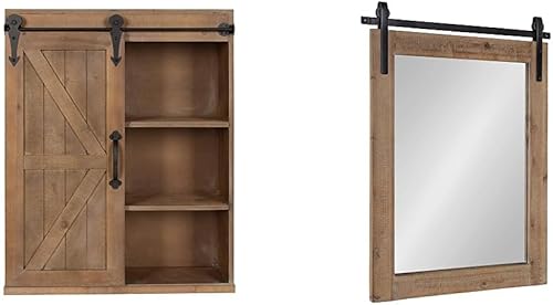 Kate and Laurel Cates Armario decorativo de madera para almacenamiento de pared con puerta corrediza de granero, espejo de pared rústico marrón y