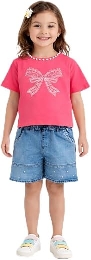 BRIGHT STARS KIDSWEAR Girls Co-ord Set Cotton Print Tee Top &amp; Denim Shorts Clothing Set – Summer Casual &amp; Party Outfit