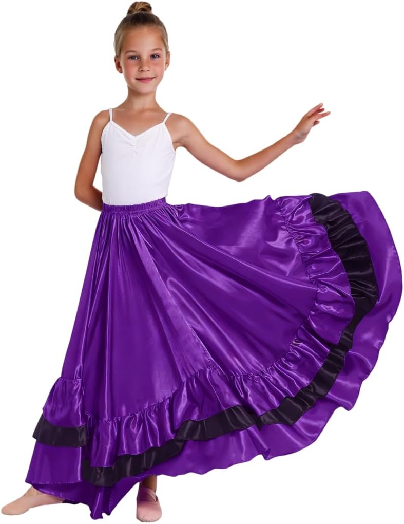Satin Ruffle Long Full Flowy Circle Dance Skirt for Girls | Flamenco, Folkloric, Mexican, Belly Dance, Ballroom Performance