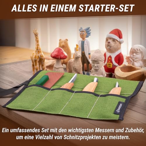 BeaverCraft Holzschnitzmesser-Set S15, Schnitzset für Anfänger, Kinder – Holzschnitzwerkzeug-Set mit detailliertem Spanmesser, Sloyd-Schnitzmessern und Lederstreichriemen, Poliermittel und Tutorials