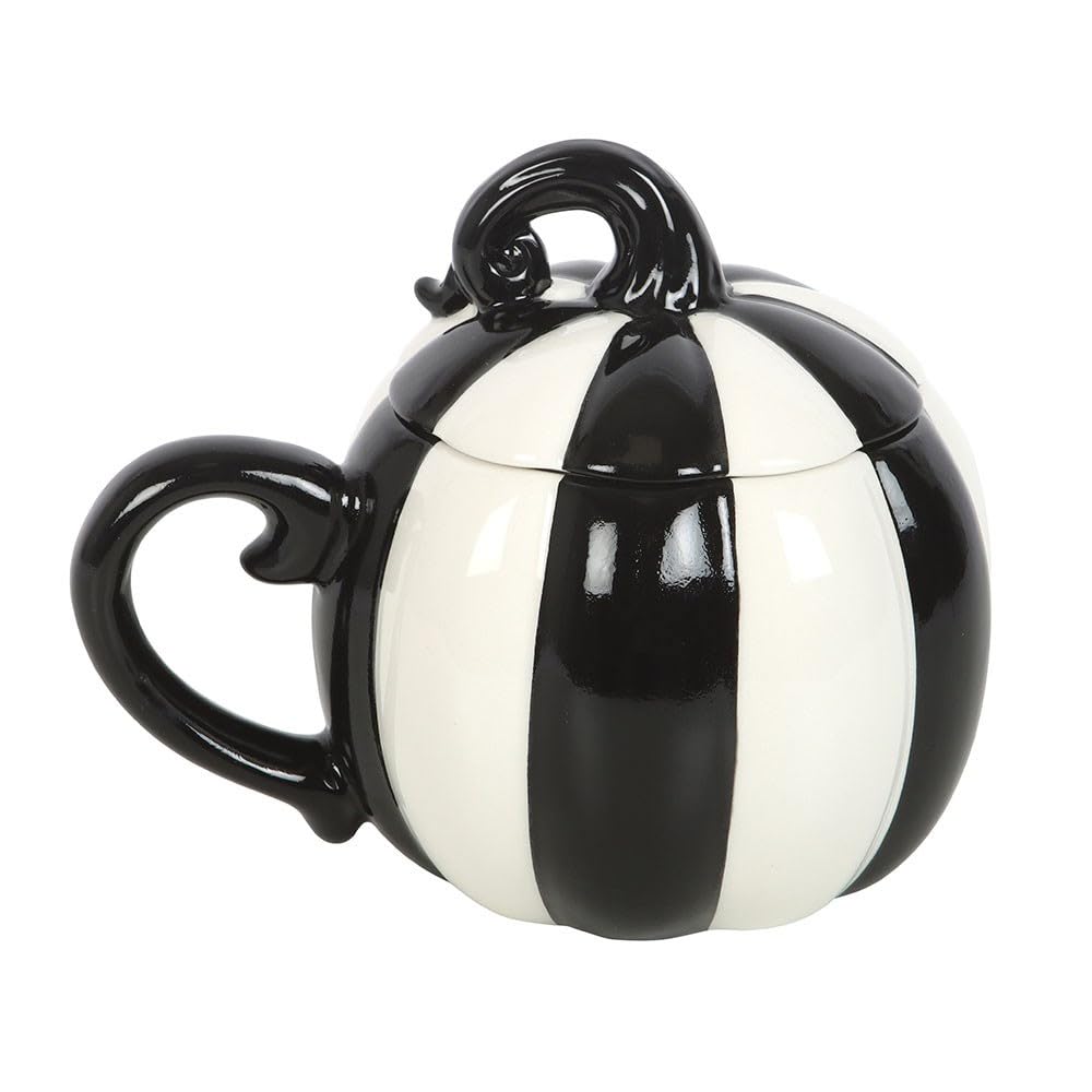 Black and White Striped Halloween Gothic Pumpkin Lidded Mug