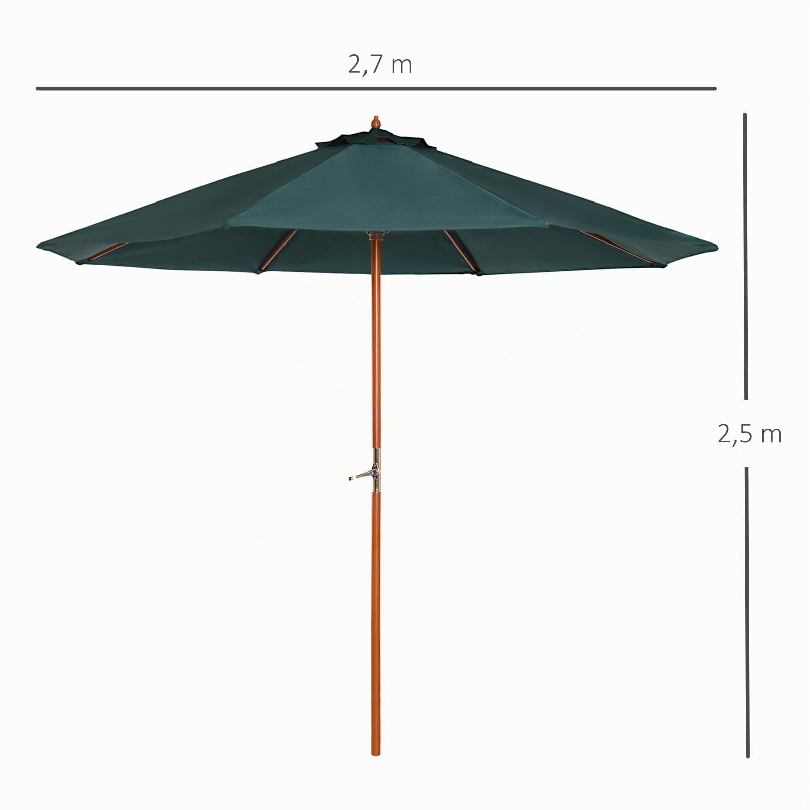 Outsunny Holz Sonnenschirm Holzschirm Gartenschirm 2,5m Dunkelgrün | 2,5m, Dunkelgrün, Holz