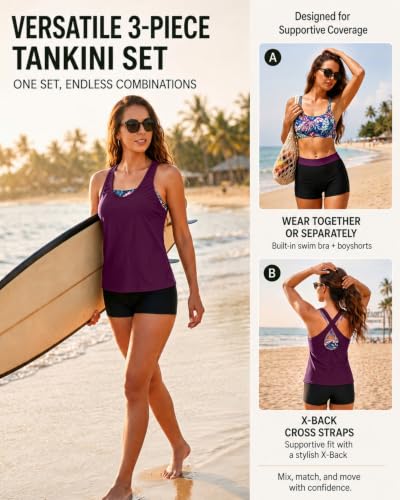 Image of Women's 3 Piece Tankini Swimsuit Tummy Control Bathing Suit with Boy Shorts