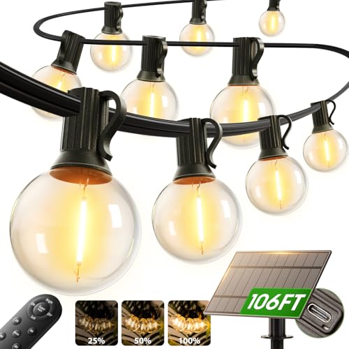 addlon 100FT Solar String Lights Outdoor with Remote, 54 LED Shatterproof Bulbs, USB Charging, 20+ Hour Runtime, Dimmable & Timable, G40 Waterproof Solar Lights for Outside Backyard Patio Garden Decor by addlon - Used condition - US$34.00
