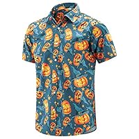 ENVMENST Camisa masculina de botão de Halloween divertida com estampa de abóboras casual manga curta havaiana Aloha, Azul e laranja, G