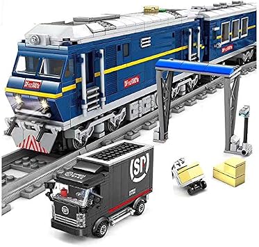 General Jims Motorized Blue Diesel Cargo Train Set, LED Light Up Engine, Sliding Door Railcars, Complete City Track System, Cargo Truck and Loading Platform, 1002 Piece Building Block Set, 148 Scale