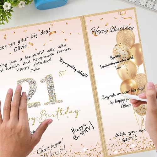 Image of DARUNAXY Champagne Happy 21st Birthday Alternative Signature Guest Book | 21st Birthday Party Decorations for Girls Women, Cheers to 21 Years Old Gifts 21 Birthday Signing Card Board Party Supplies