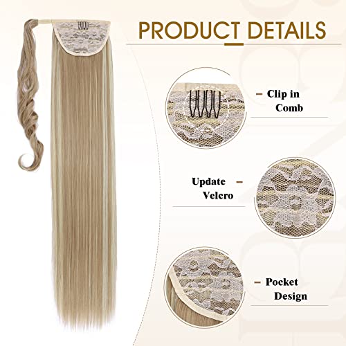 Benehair Ponytail Extension 32 Inches Long Wrap Around Ponytail Hair Extension Straight Synthetic Clip in Hairpiece for Women Light Blon/Platinum Blon mix - Image 2