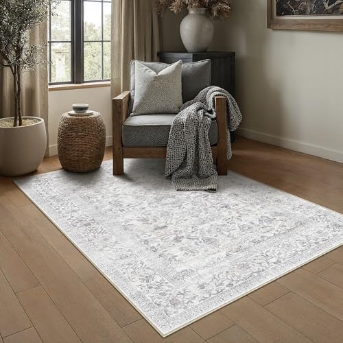 4x6 Beige Area Rugs for Living Room Washable Non Slip Vintage Rugs Low Pile Soft Floral Traditional Distress Print Carpet for Bedroom Dining Room Home