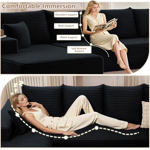 Image of Oversized Modular Sectional Sofa Couch, Large 5 Seater Corner Sofa Modern V Shaped Sectional Couch Cloud Couches for Living Room, Office, Spacious Space, Corduroy, No Assembly Required, Black