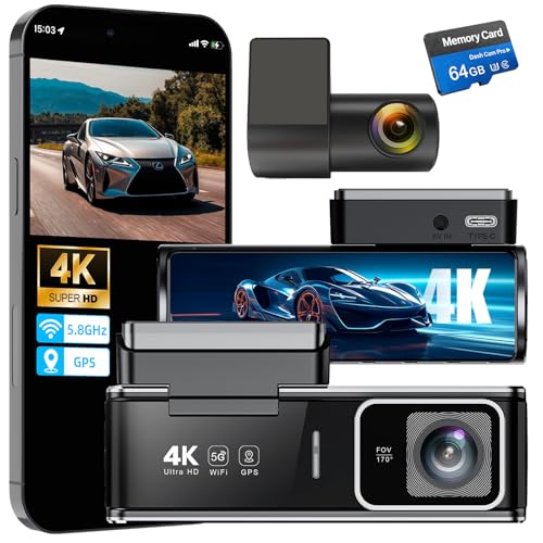 4K Dash Cam Front and Rear,Dual Dash Camera for Cars with 5.8GHz WiFi GPS,Night Vision,Mini Dash Cam with 3.59" IPS Screen,24H Parking Mode,G-Sensor,Loop Recording,64GB SD Card Included