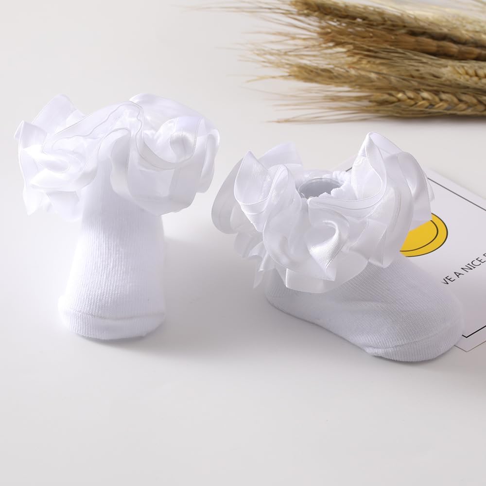 2 Pairs Girls Ruffle Lace Cotton Socks,Cute Double Big Lace White Frilly Princess Dress Socks for Toddler Little Girls - Image 6