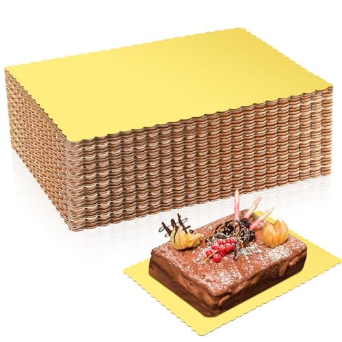 Crtiin 50 Pcs Rectangle Cake Board 14 x 10 Inches Scalloped Cake Boards Dessert Base Quarter Sheet Rectangular Cake Base for Pizza, Pastries Food Trays Greaseproof Pad (Gold)