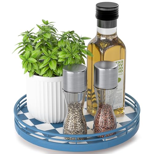 Image of Premium Rubber Wood Lazy Susan Turntable, Blue White Checkerboard Decorative Serving Tray, Hand-Welded Metal Railing, Stable Rotating Organizer for Dining Table, Kitchen Counter, Coffee Table Decor