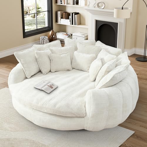 Image of 81 inch Round Sofa Bed Big Bean Bag Round Chaise Lounge Oversized Round Couch Boneless Reading Chair Plush Fluffy Chenille Large Chaise Chair for Living Room, Bedroom, Apartment, Beige