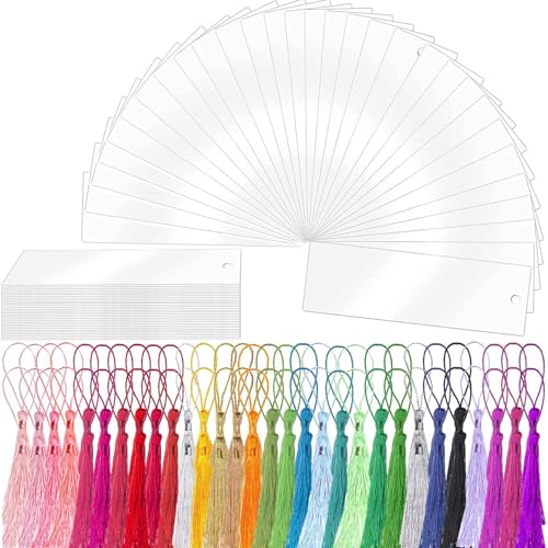 60Pcs Acrylic Bookmark Blanks, BetterJonny Clear Craft Bookmarks with 60PCS Colorful Tassels Transparent Rectangle Plastic Book Page Markers Bulk Bookmark for DIY Projects and Present Tags