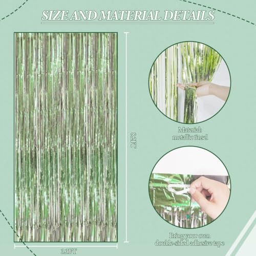 Image of DECOCKRAT 3 Pack Foil Fringe Backdrop - Light Green Shiny Tinsel Curtains for Party Decoration /Photo Booth Props - 3.3x8.2 FT Metallic Foil Backdrop for Birthday, Wedding, Graduation, Christmas