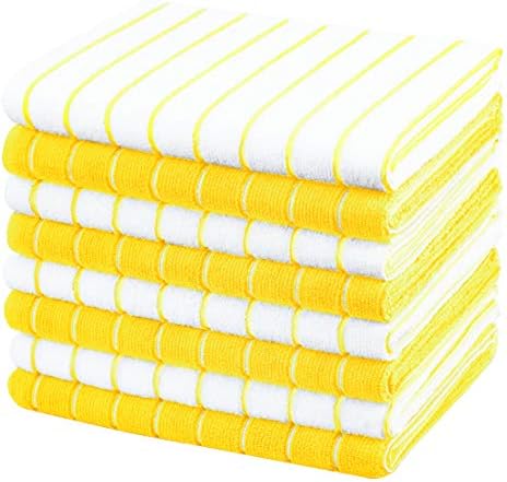 gryeer Microfibre Tea Towels - Pack of 8 (Stripe Designed Green and White Colours) - Soft, Super Absorbent and Lint Free Kitchen Towels, 45 x 65 cm
