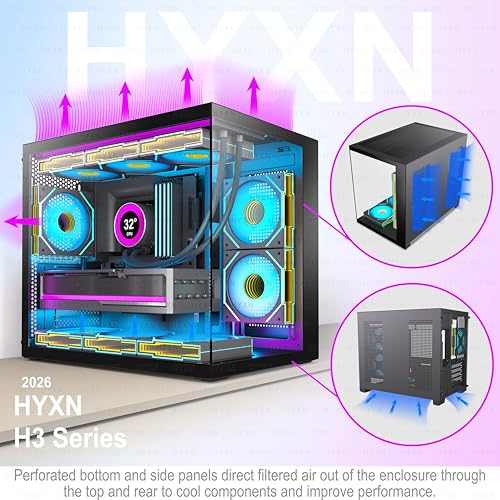 HYXN H3(2026) Boitier PC ATX– Préinstallé 6 Ventilateurs PWM ARGB Miroir Infini, Supporter radiateur 360 mm,Boîtier PC ATX à Double Chambre Mid Tower, avec Type -C 3.2 (Noir)