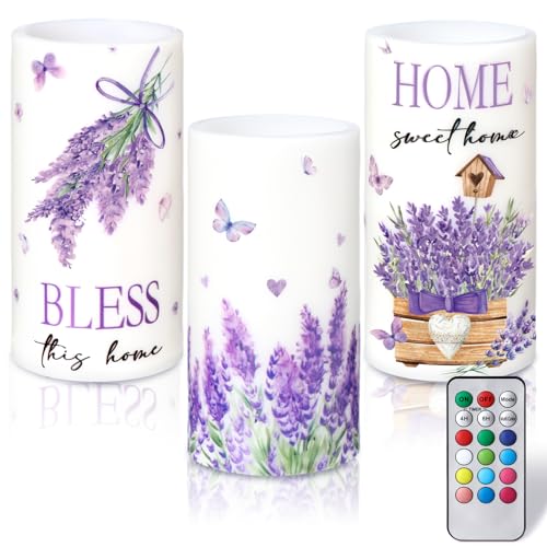 Threlaco 3 Pcs Purple Lavender Flameless Candles with Remote Color