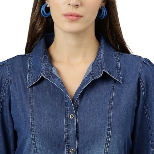 Image of Latin Quarters Women Blue Shirt Collar Three-Quarter Sleeves A-Line Dress for Casual Wear