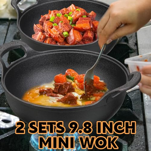 Layhit-2-Sets-Cast-Iron-Wok-with-Loop-Handle-98-Inch-Mini-Wok-Nonstick-Coated-Flat-Bottom-Wok-Stir-Fry-Pans-Pre-Seasoned-No-Chemical-Grilling-Wok-Suitable-for-Induction-Electric-Gas-All-Stoves-Black