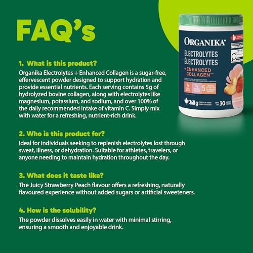 Organika Canadian-Made Electrolytes + Enhanced Collagen - Strawberry Peach Flavour - Sugar-Free Hydration | 5g Protein + 100% of Daily Vitamin C - 360g, 30 Servings — view 6