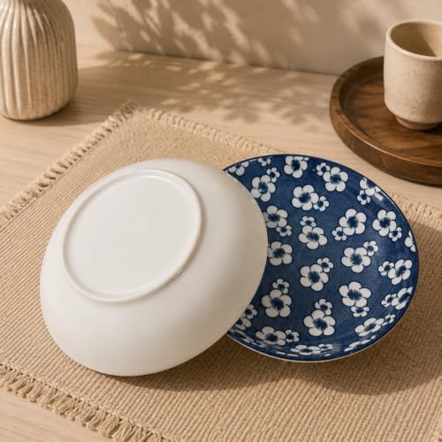 Image of Ceramic Dinner Plates Set of 2, 20.4 cm Round Plates with Blue Floral Pattern, Ceramic Serving Plates, Microwave & Dishwasher Safe for Dinner, Snacks & Desserts(Cherry Blossom Pattern, PACK OF 2)