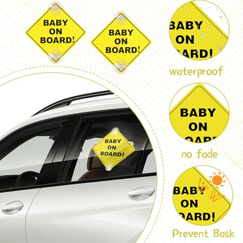 2 Stück Baby an Bord Auto Warnschilder, Baby on Board Aufkleber für Auto Mit 2 Saugnäpfen, 12x12Cm Sicherheits Autoschild, Kinderautoschild, Für Autofenster Wiederverwendbar (Gelb)