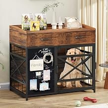 Halitaa Dog Crate Furniture, Dog Kennel Indoor Furniture with Rotating Wheels and Blackboard, Wooden Pet Cage End Table with Storage Drawers and Adjustable Foot Pads for Small Medium Large Dogs