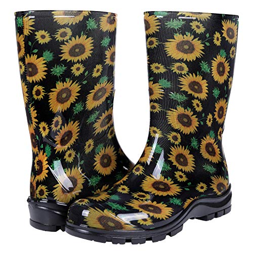 Asgard Women's Mid Calf Rain Boots Short Waterproof Garden Shoes Flower Print Sunflowers 39 #TOP7