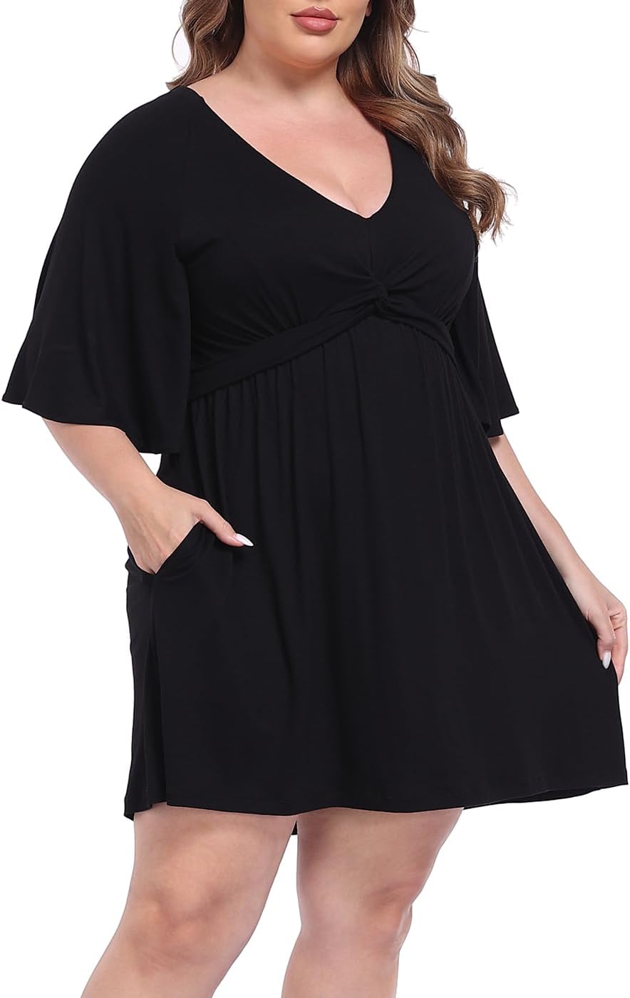 HDE Womens Plus Size Dress with Built in Quick Slip Short V Neck Flutter Sleeve Flowy Skirted Romper Skort Dress with Pockets