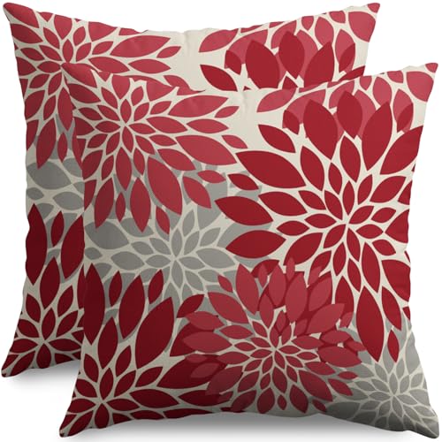 Smozenith Red Christmas Pillow Covers 16X16 Inch Set of 2, Dahlia Flower Spring Summer Floral Cream Decorative Throw Pillow Covers Outdoor Modern Farmhouse Cushion Case for Home Couch Sofa Bed Decor