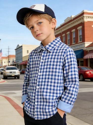Image of Size 5-10 Years Boys' Long Sleeve Buffalo Plaid Button-Down Shirt Fall Thin Outfits Kids Clothes