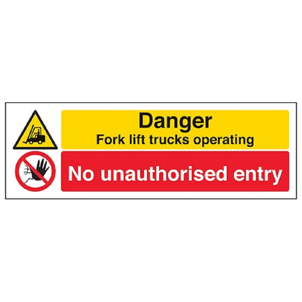 V Safety Danger Fork Lift Trucks Operating No Unauthorised Entry Sign - 600mm x 200mm - 1mm Rigid Plastic