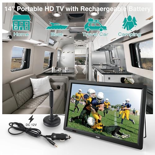 Image of 14inch Portable TV with Digital Tuner,Battery Operated TV with ATSC /HDMI /USB /SD Card Input,Built-in 12v Car Charger for Camping,Travel,Emergency