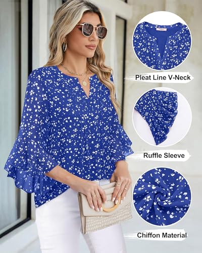Image of Timeson Women's Short Sleeve V Neck Blouses Shirts Floral Double Layers Mesh Tunics Tops