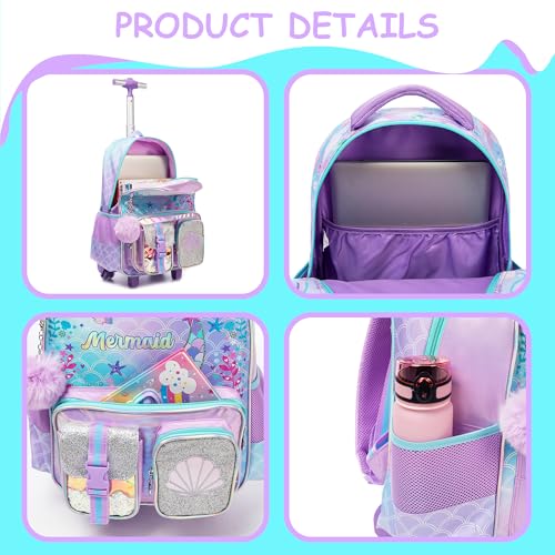 Rolling Backpack with Wheels for Kids Back to School Supplies Set Bookbag Schoolbag with wheels for Girls with Lunch Box4