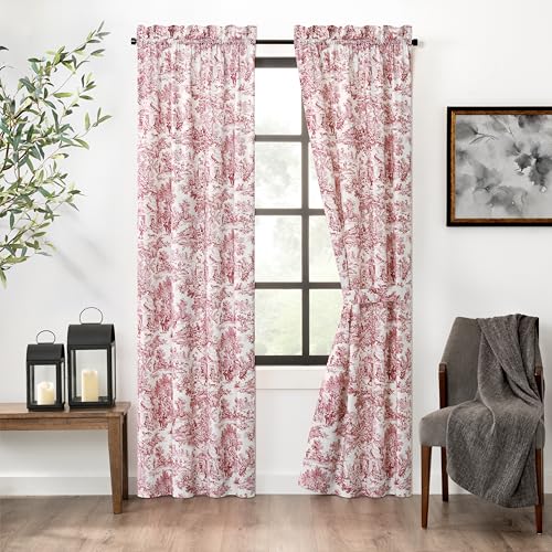 Victoria Park Toile 68-Inch-by-63 Inch Tailored Panel Pair with Tiebacks, Red